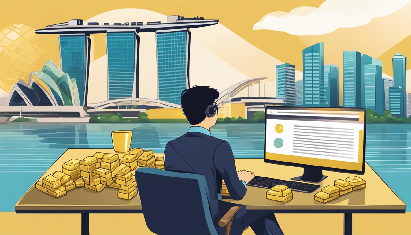 A person in Singapore researching gold investment online, with a laptop, gold bars, and a Singapore cityscape in the background
