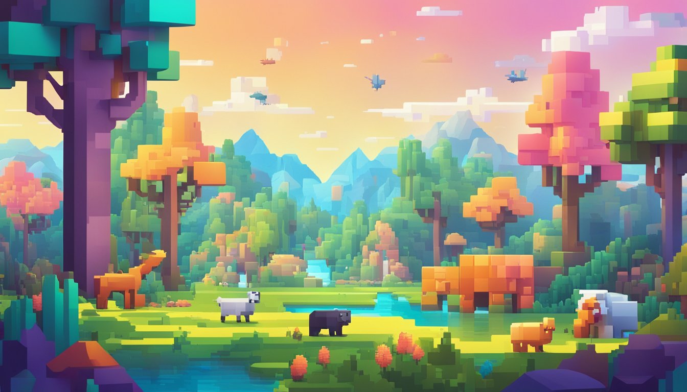 A blocky landscape with pixelated trees, animals, and characters, set against a vibrant, otherworldly backdrop