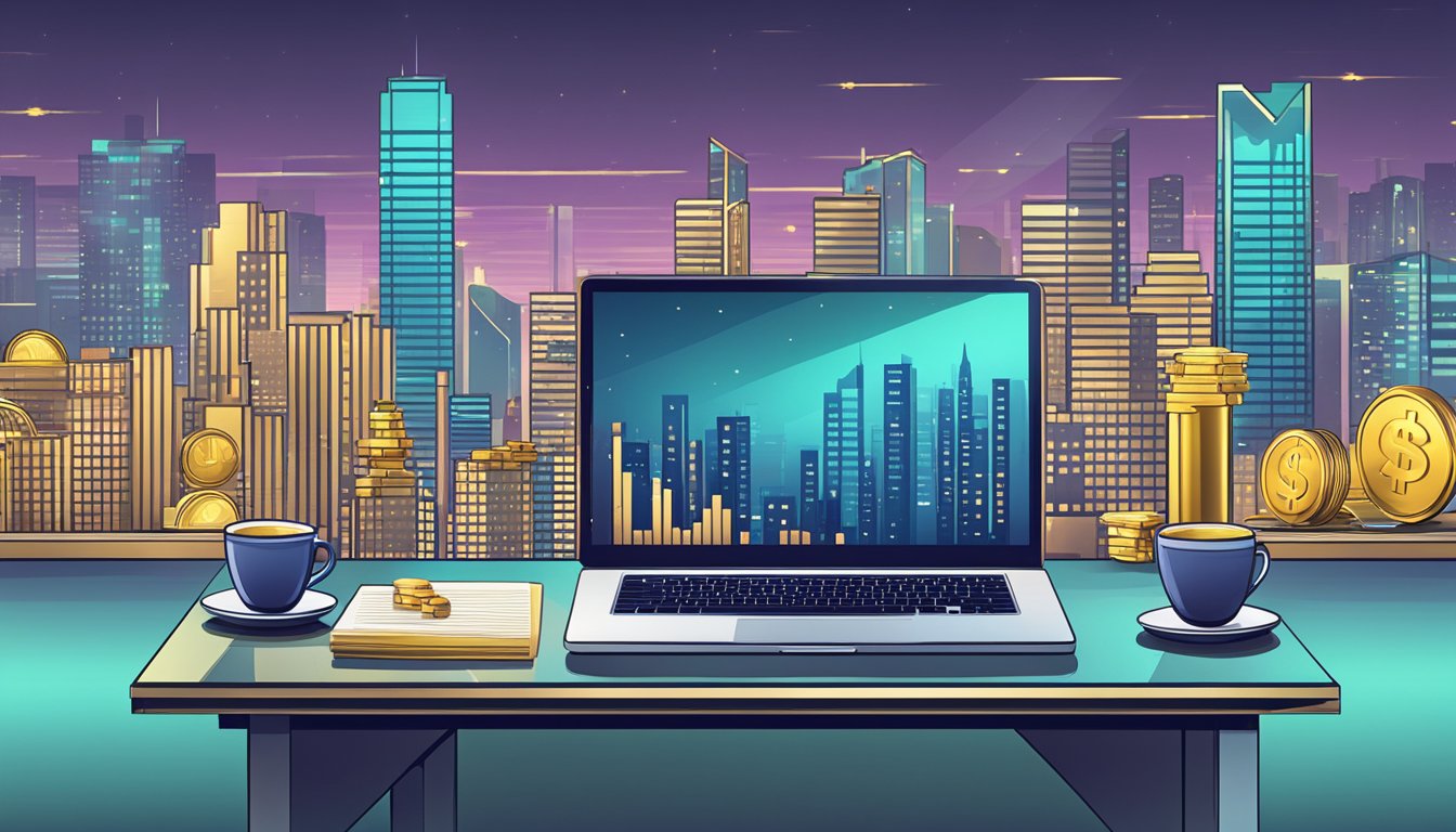 A table with a laptop, financial charts, and gold bars. A city skyline in the background