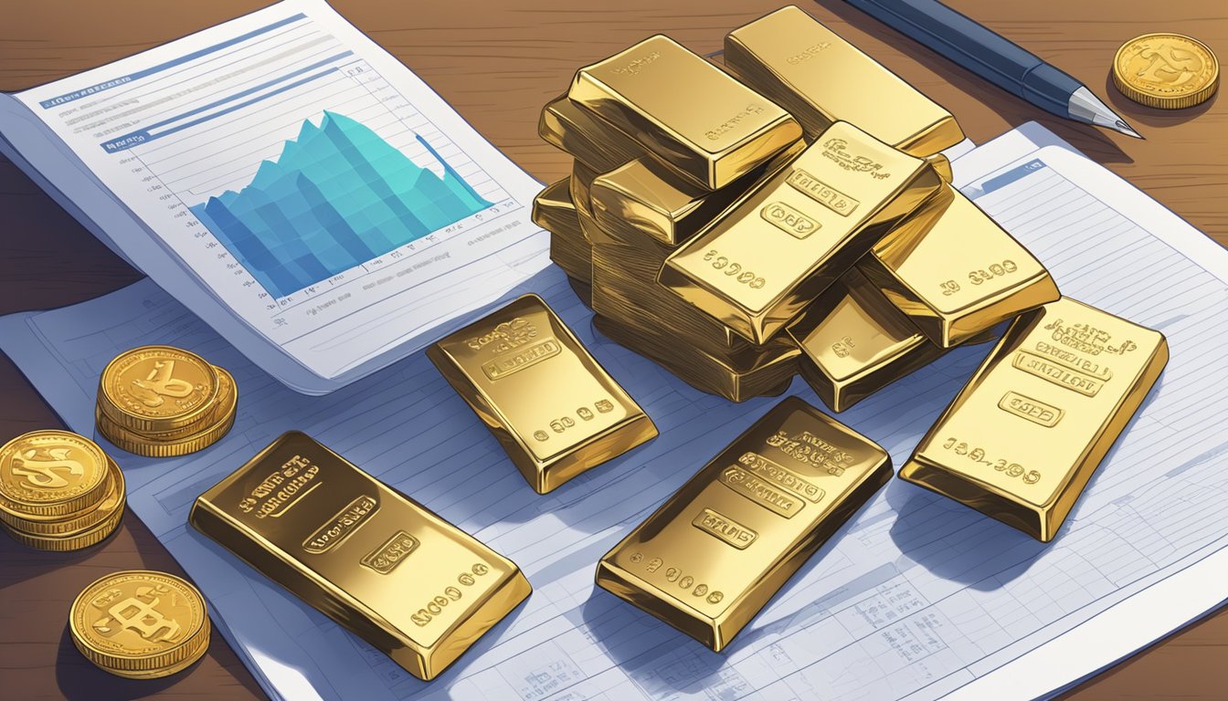 A stack of gold bars and coins on a table, with a financial report and investment guide open nearby. A safe and secure environment is suggested