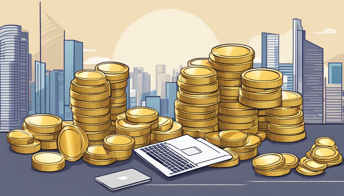 A stack of gold coins and bars arranged neatly on a sleek, modern desk with a laptop open to a "How to Start Investing in Gold: Singapore Guide" webpage