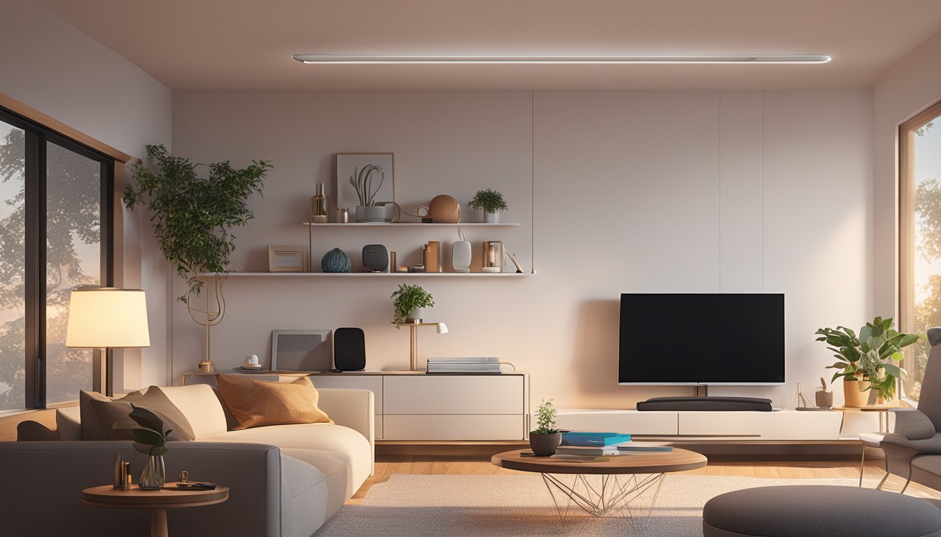 The Sonos Beam sits on a sleek shelf, surrounded by other high-tech gadgets. The room is filled with soft, ambient lighting, creating a cozy and modern atmosphere
