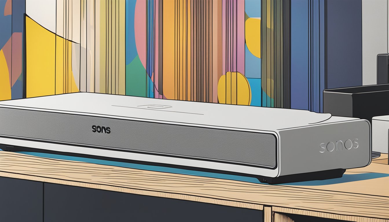 The Sonos Beam sits on a sleek display at Best Buy, surrounded by other audio equipment. Bright lights illuminate the area, drawing attention to the compact soundbar
