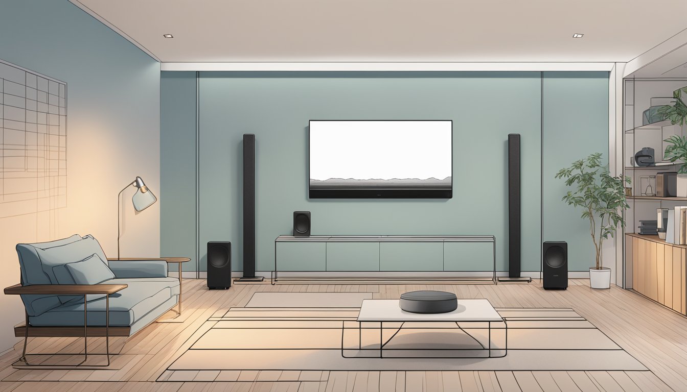 A sleek Sonos Beam seamlessly integrates with a home entertainment system, emitting superior sound quality