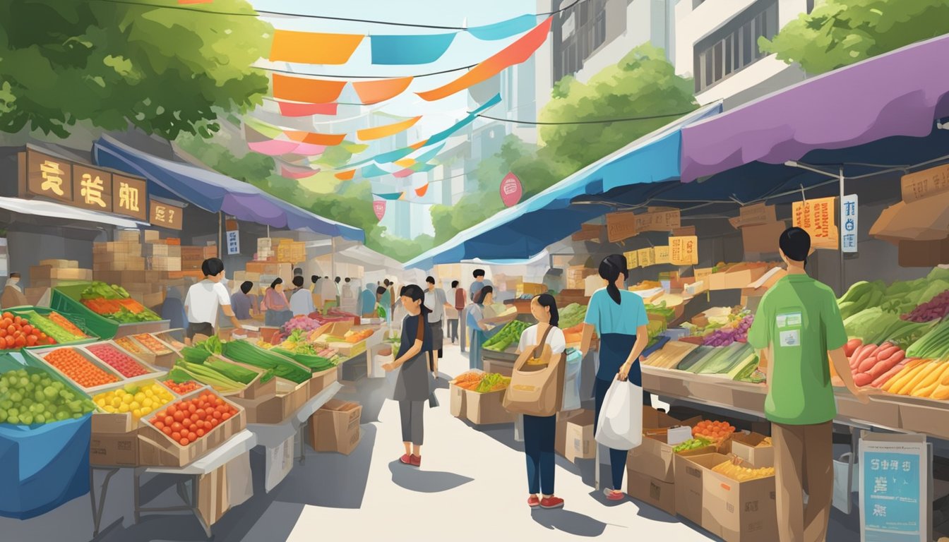 A bustling street market in Singapore, with colorful signs and banners advertising "Taiwanese Grocery" and a variety of fresh produce and packaged goods on display
