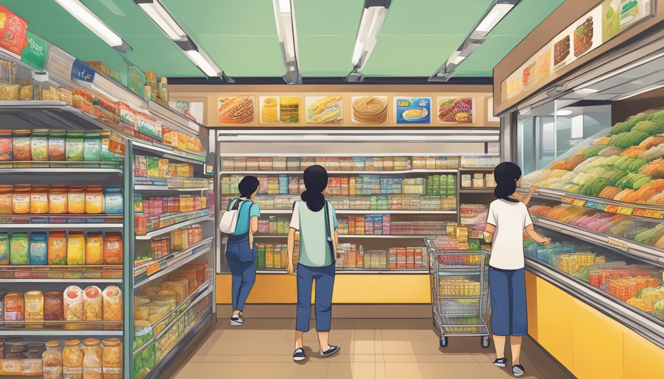 A bustling Taiwanese grocery store in Singapore, shelves stocked with authentic delights like bubble tea, pineapple cakes, and dried noodles. Customers browse the aisles, taking in the vibrant colors and enticing aromas