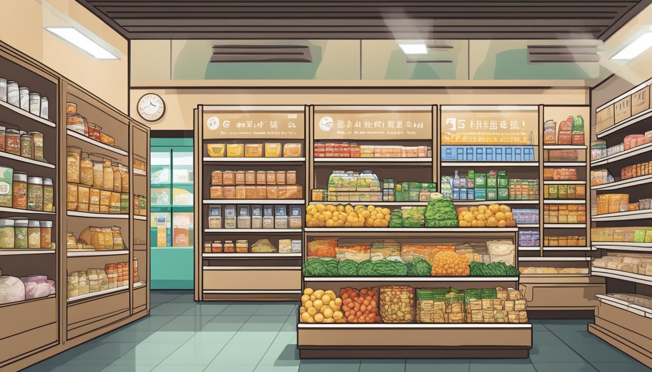 Shelves stocked with Taiwanese groceries in a Singaporean store, with signs indicating "Frequently Asked Questions" on display