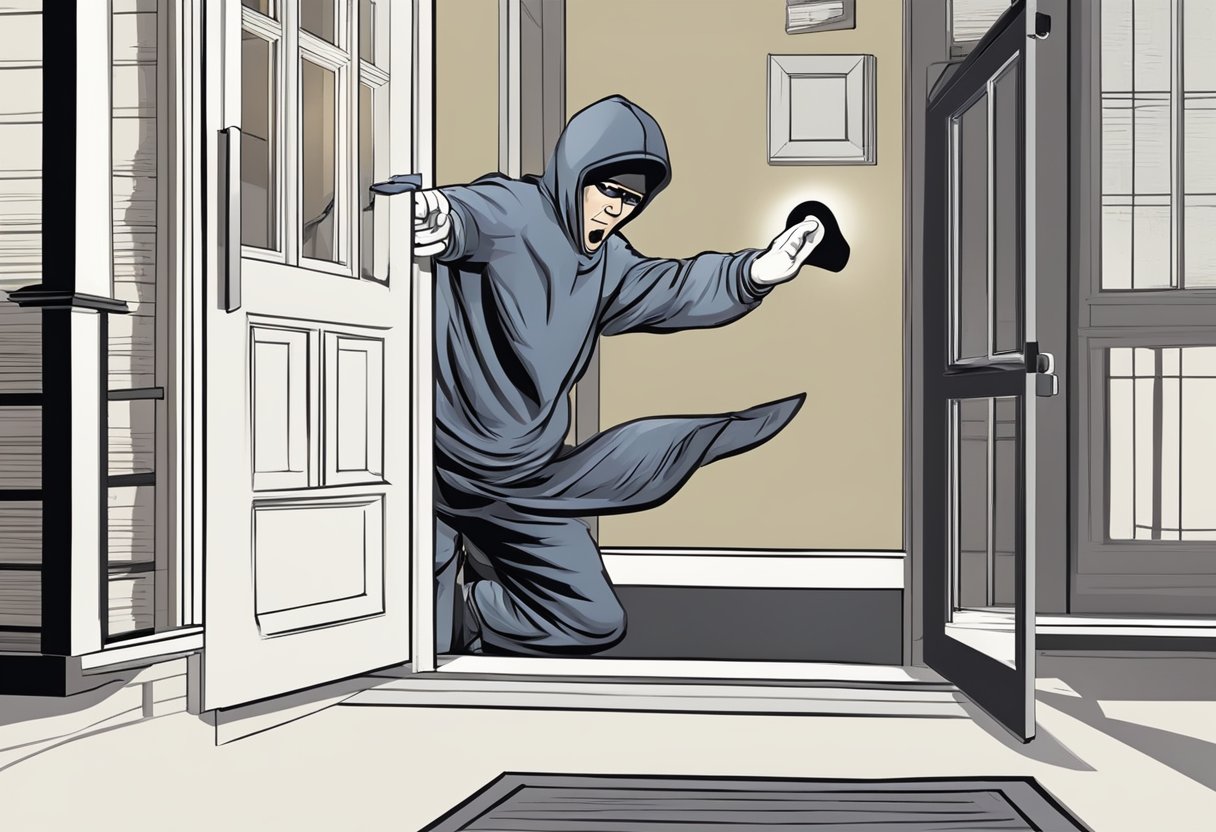 A home security system alerts as a burglar attempts to break in. The alarm blares as lights flash, scaring the intruder away