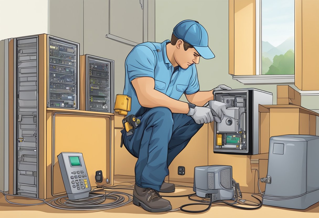 A technician installs and monitors home security systems