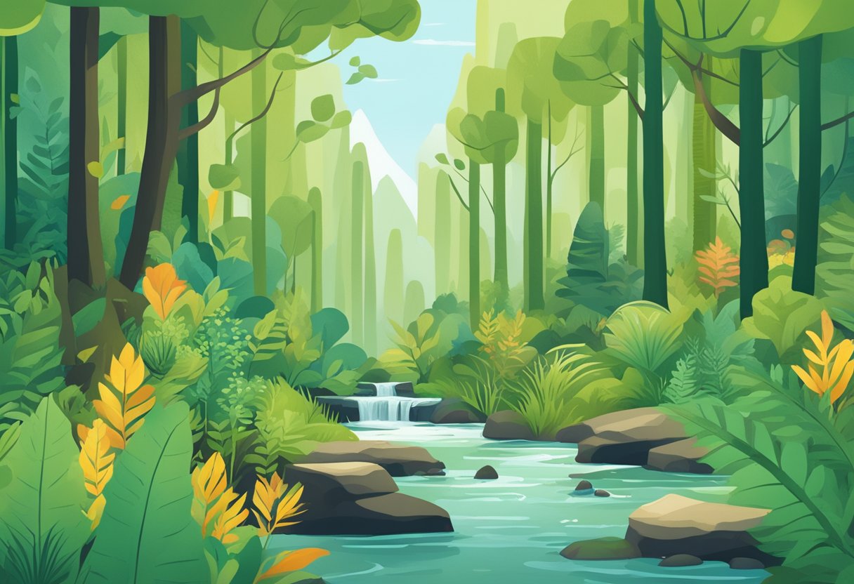 A lush green forest with a clear stream, surrounded by eco-friendly products and vibrant, recyclable packaging. A banner reads "Sustainable Marketing" in bold letters