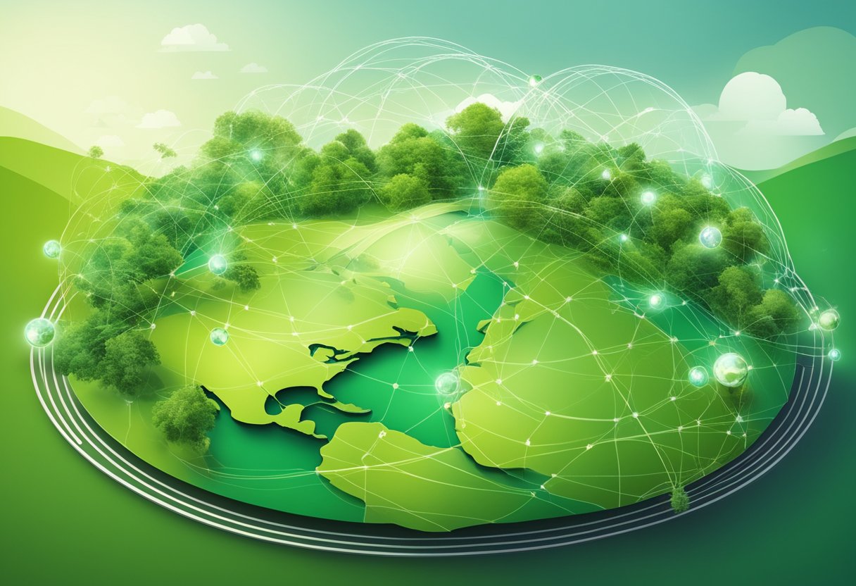 A vibrant green earth with a network of interconnected circles representing sustainable marketing strategies. Renewable energy sources and eco-friendly products are highlighted