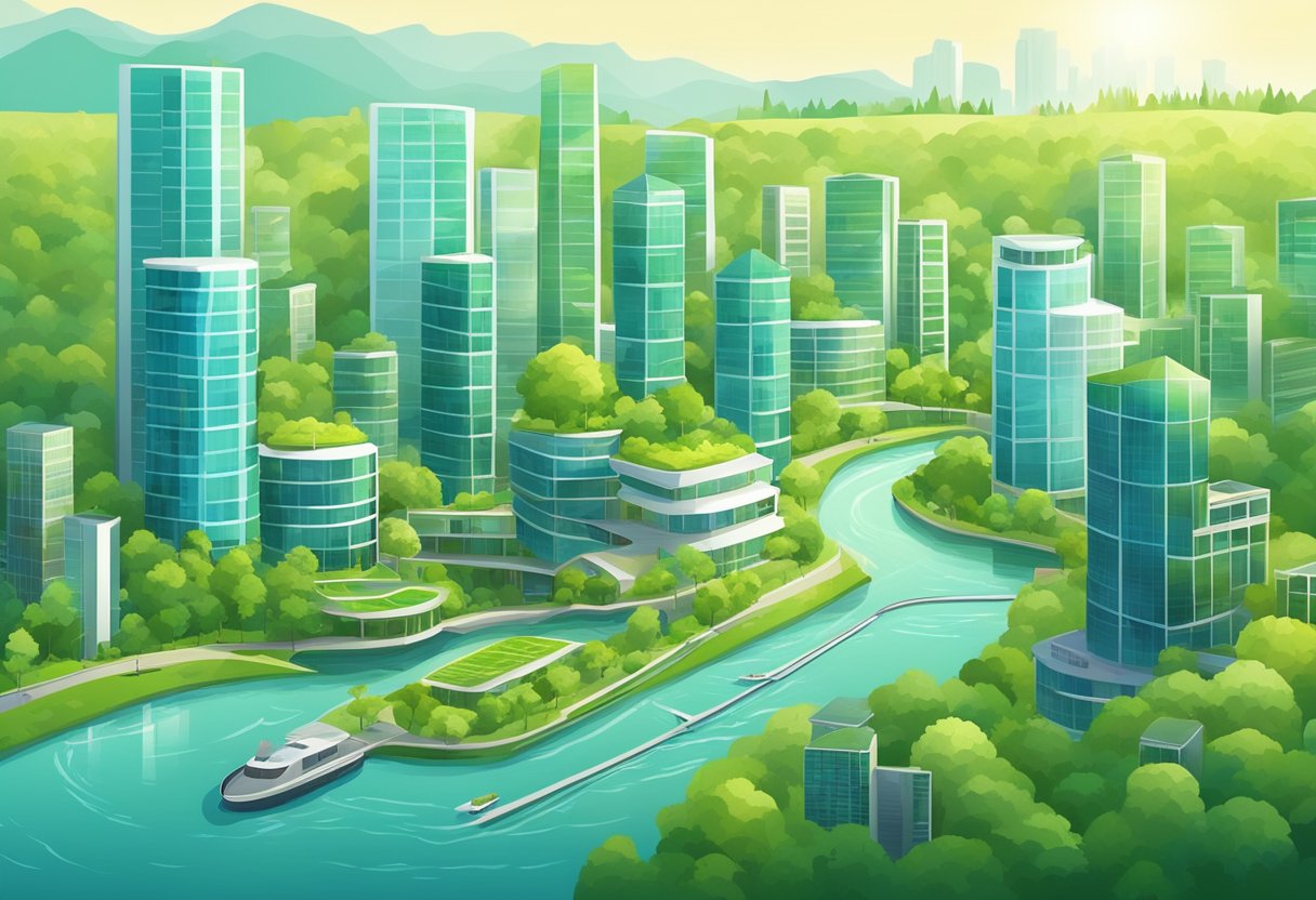 A vibrant city skyline with green, eco-friendly buildings and solar panels, surrounded by lush greenery and clean, flowing waterways
