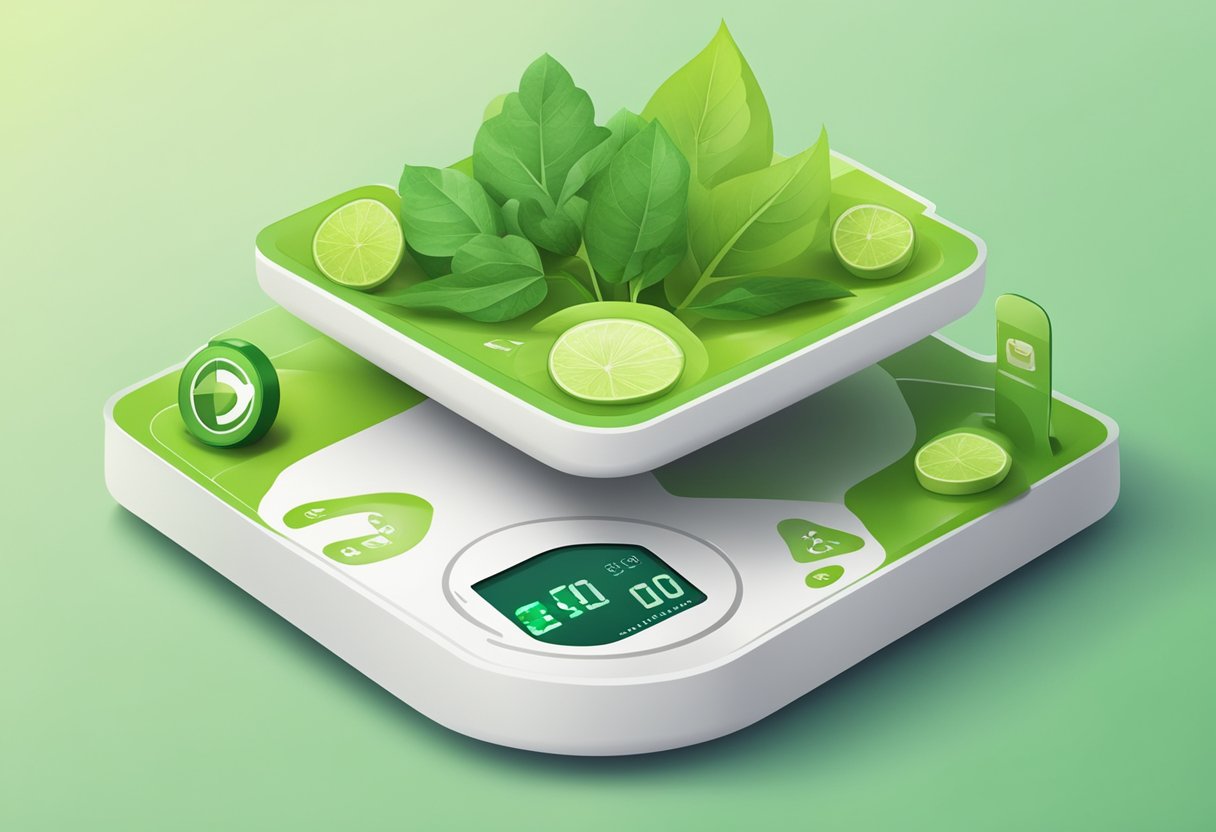 A scale weighing eco-friendly products, surrounded by green symbols and sustainable packaging