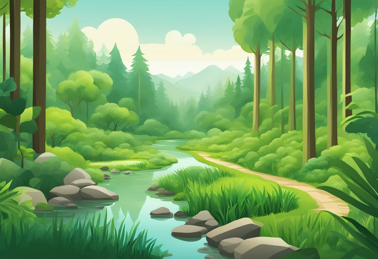 A lush green forest with a clear stream running through it, showcasing sustainable products and eco-friendly packaging. The scene depicts a harmonious balance between nature and marketing