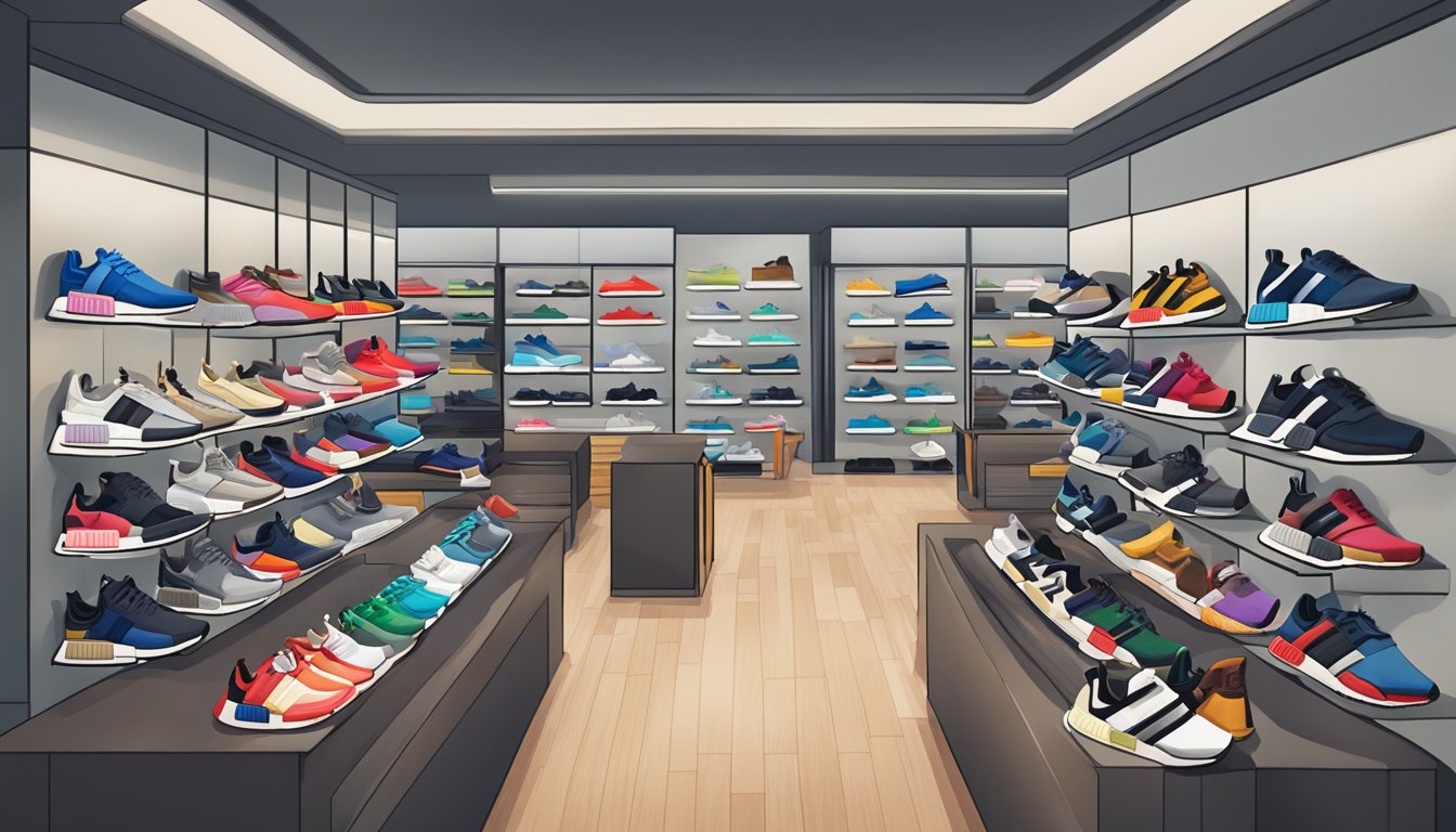 A pair of NMD sneakers displayed in a Singaporean shoe store, surrounded by other trendy footwear options