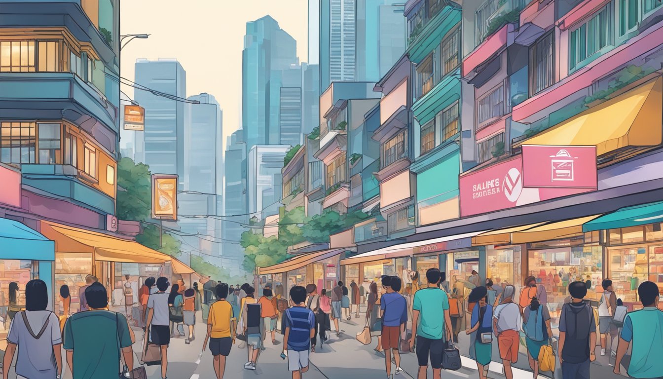 A bustling street in Singapore with vibrant storefronts, showcasing the latest NMD sneakers. Pedestrians browse and shop, while the city skyline looms in the background