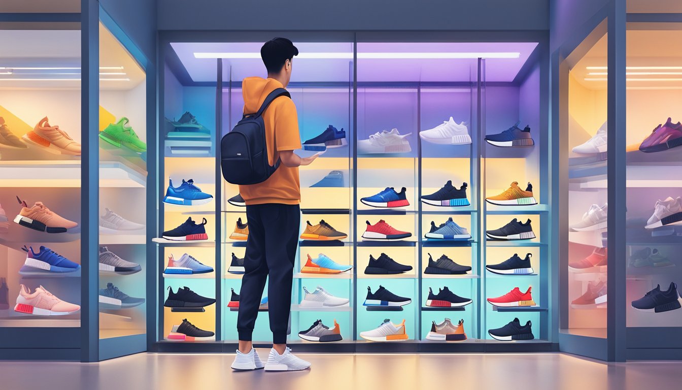A person holding a pair of NMD sneakers while standing in front of a store display showcasing various NMD models in Singapore