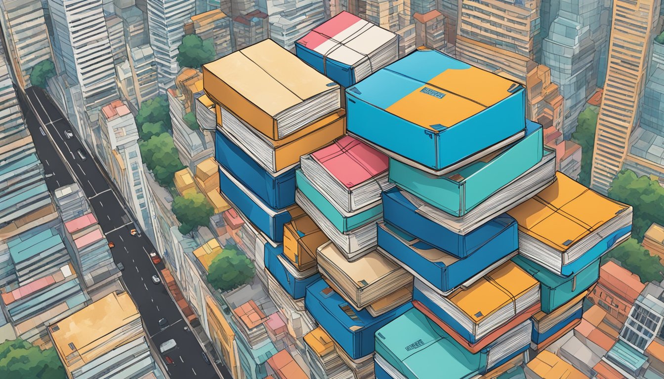 A stack of shoe boxes labeled "NMD Singapore" with a backdrop of a bustling city street