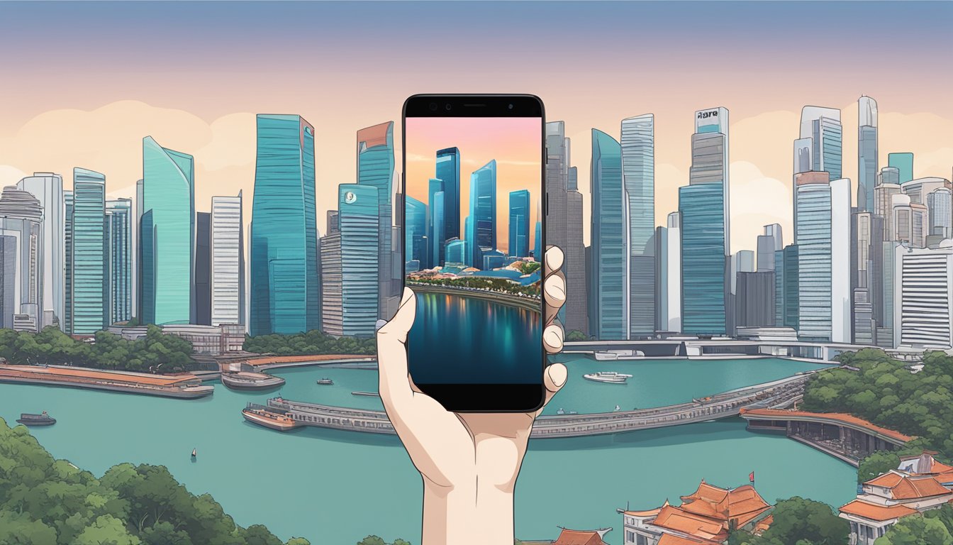 A hand holding a Oneplus 5T in front of a Singapore cityscape