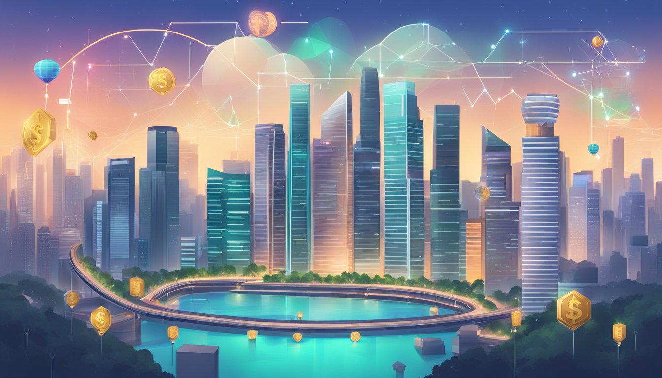 A Singaporean skyline with a prominent Tether (USDT) symbol, surrounded by various financial institutions and digital currency exchanges