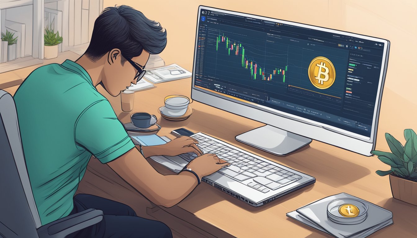 A person sitting at a computer, navigating a cryptocurrency exchange website to purchase Tether (USDT) in Singapore
