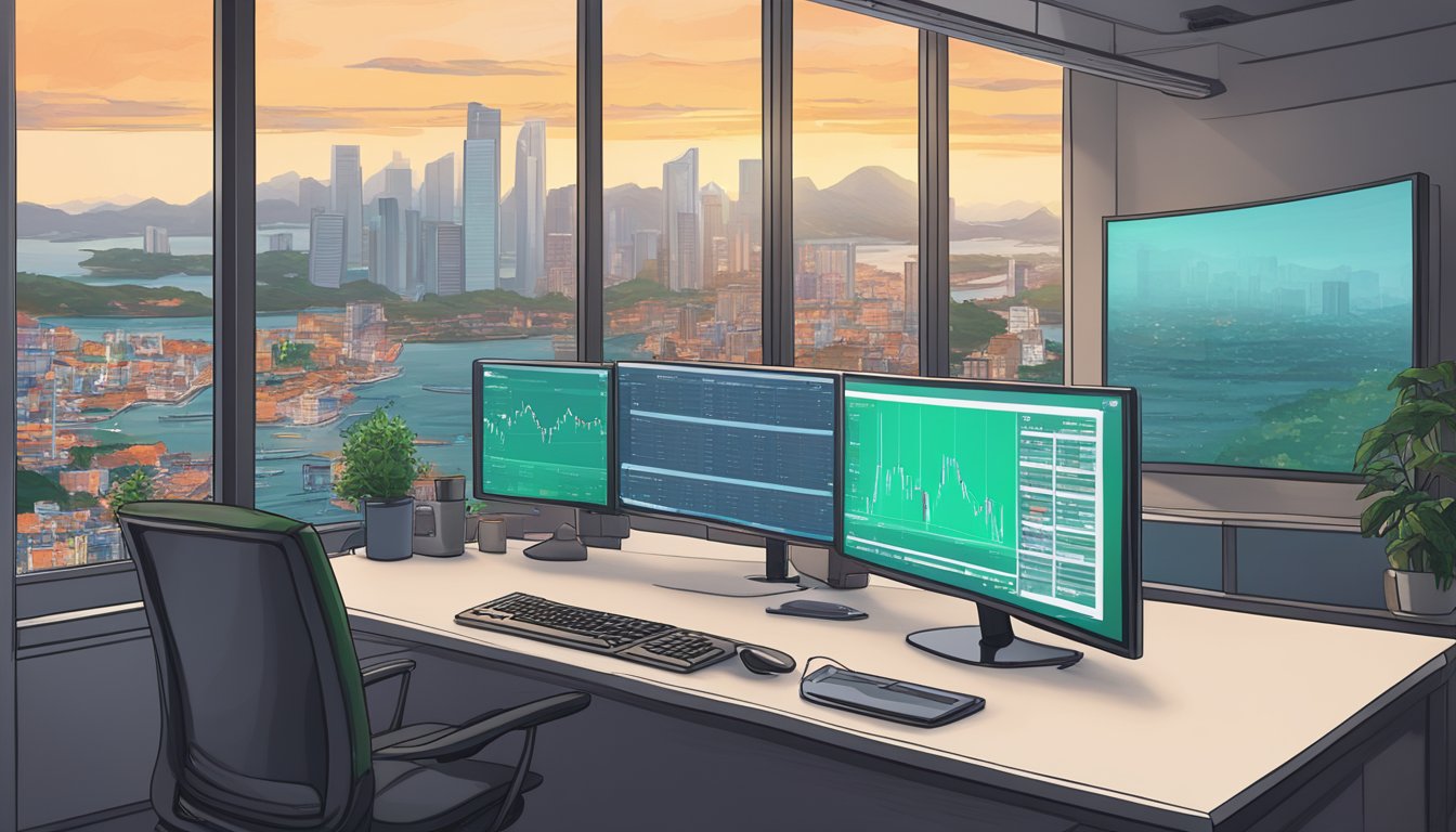 A computer screen displays a Tether (USDT) trading platform with a buy order being executed. A Singaporean cityscape is visible through a window in the background