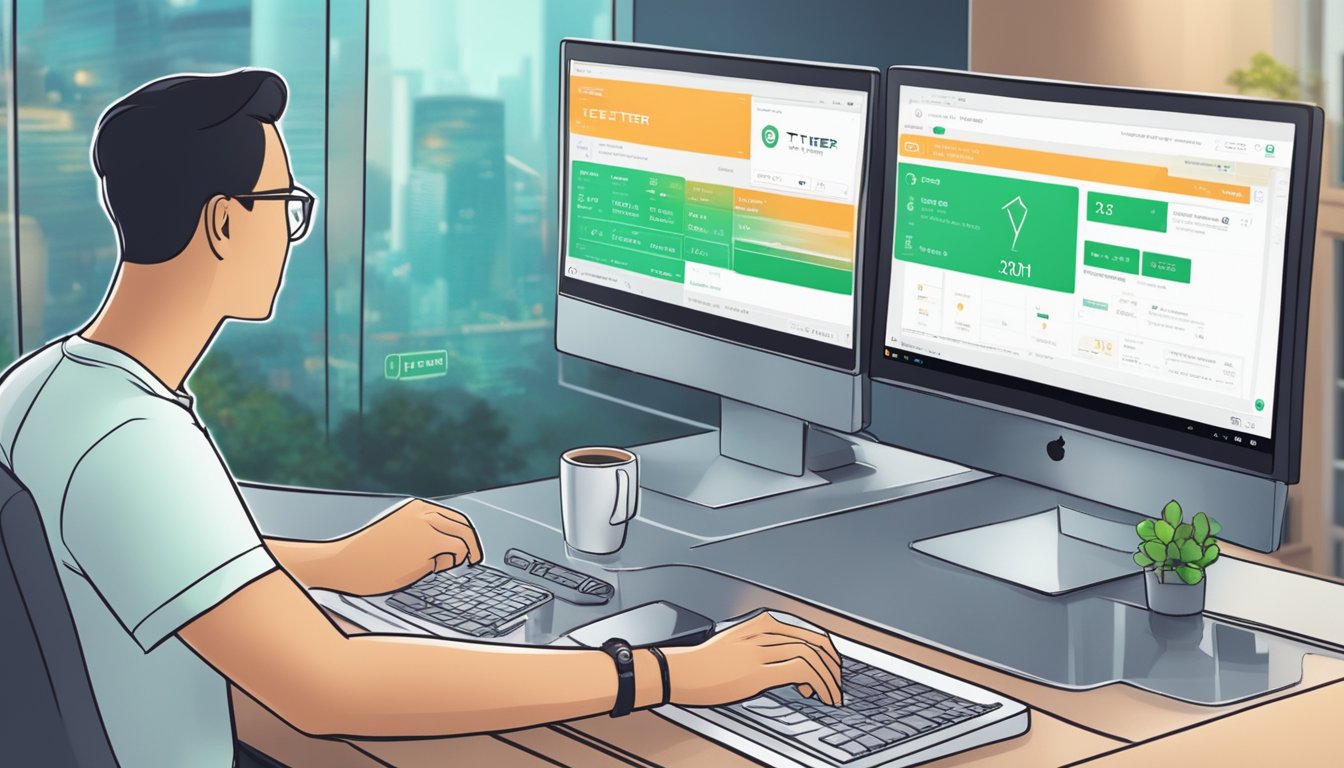 A person in Singapore buying Tether (USDT) using a secure platform. The scene shows a computer screen displaying the Tether logo and a successful transaction confirmation