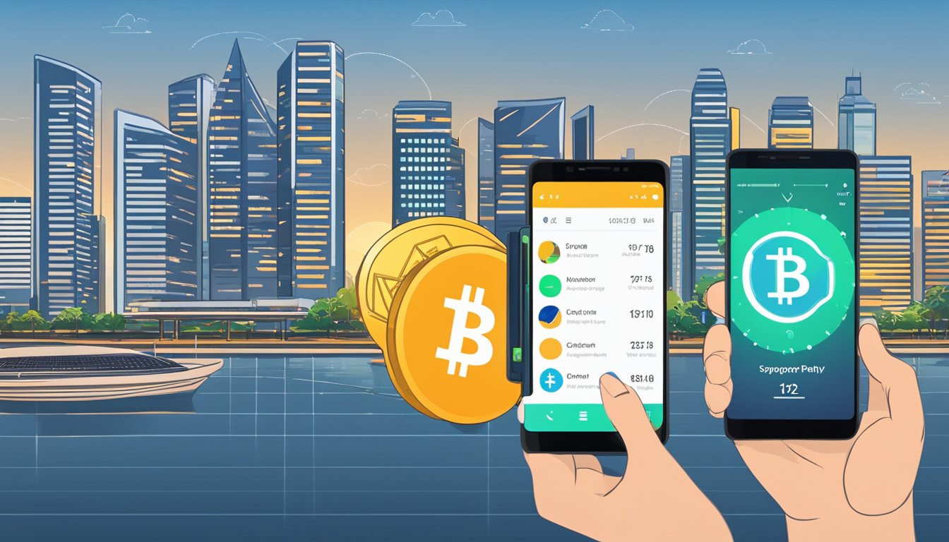 A computer screen displaying a cryptocurrency exchange platform with charts and graphs, a hand holding a smartphone with a Tether (USDT) wallet app open, and a Singapore skyline in the background