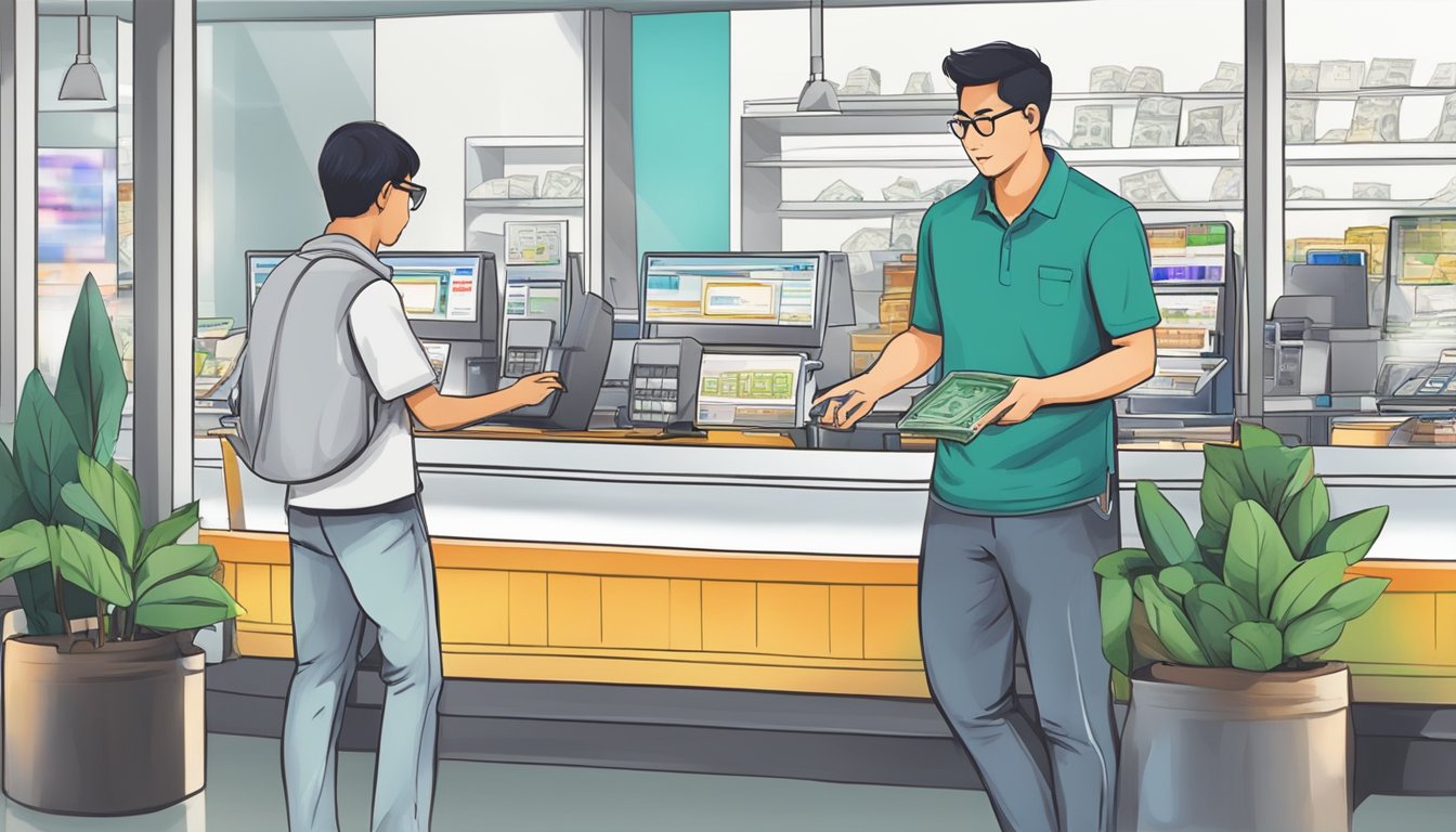 A person at a currency exchange counter in Singapore selling Tether and receiving Singapore dollars in return