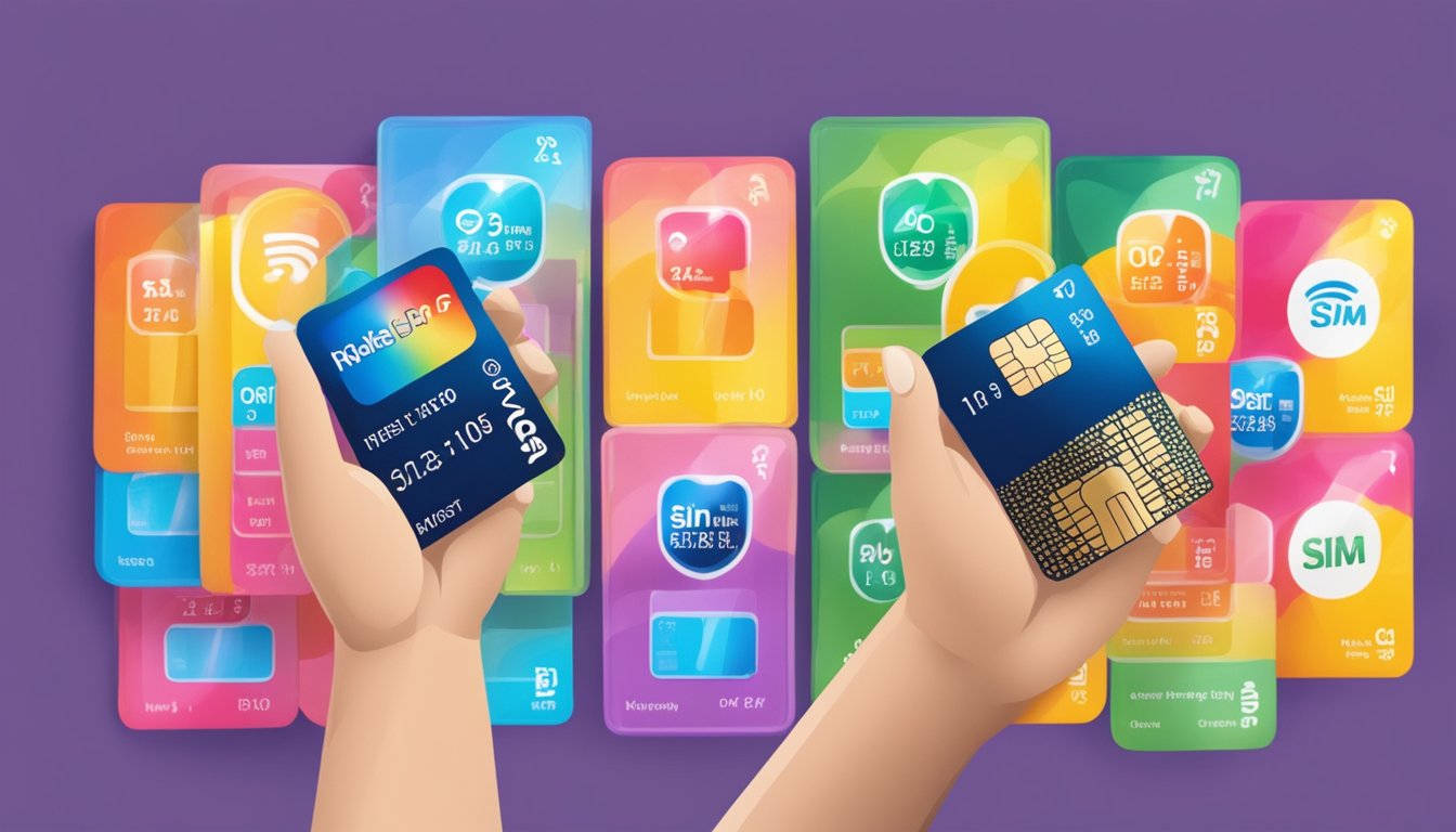 A hand holding a SIM card package in front of a colorful display of various SIM cards at a store in Singapore