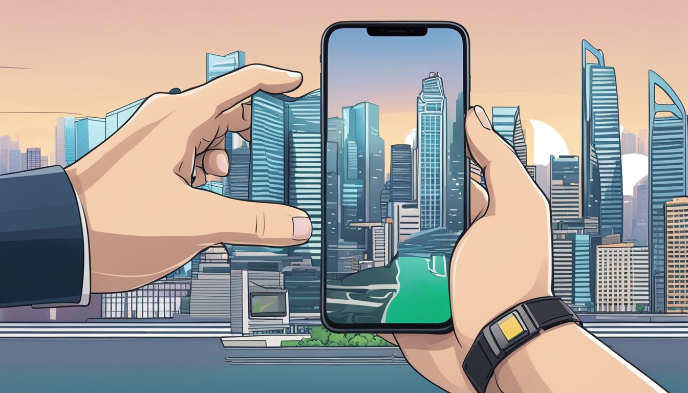 A hand holding a smartphone with a Singaporean skyline in the background, while a sim card is being inserted into the phone