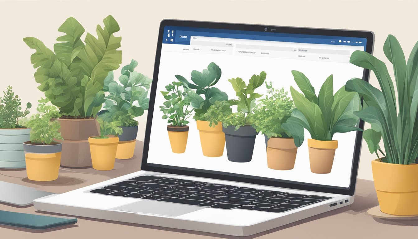 A laptop displaying a variety of planters on a website, with a credit card and delivery address nearby