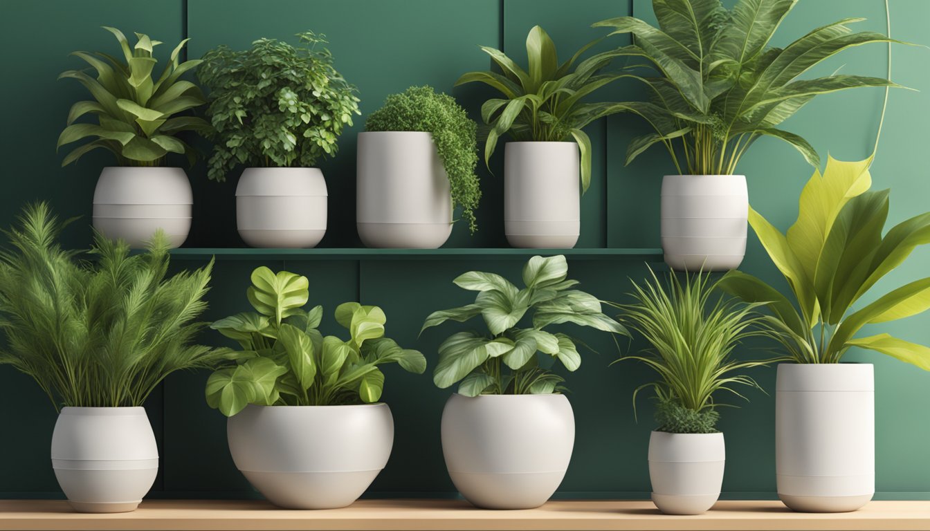 A variety of stylish planters displayed on a sleek, modern shelf against a backdrop of lush greenery and natural sunlight