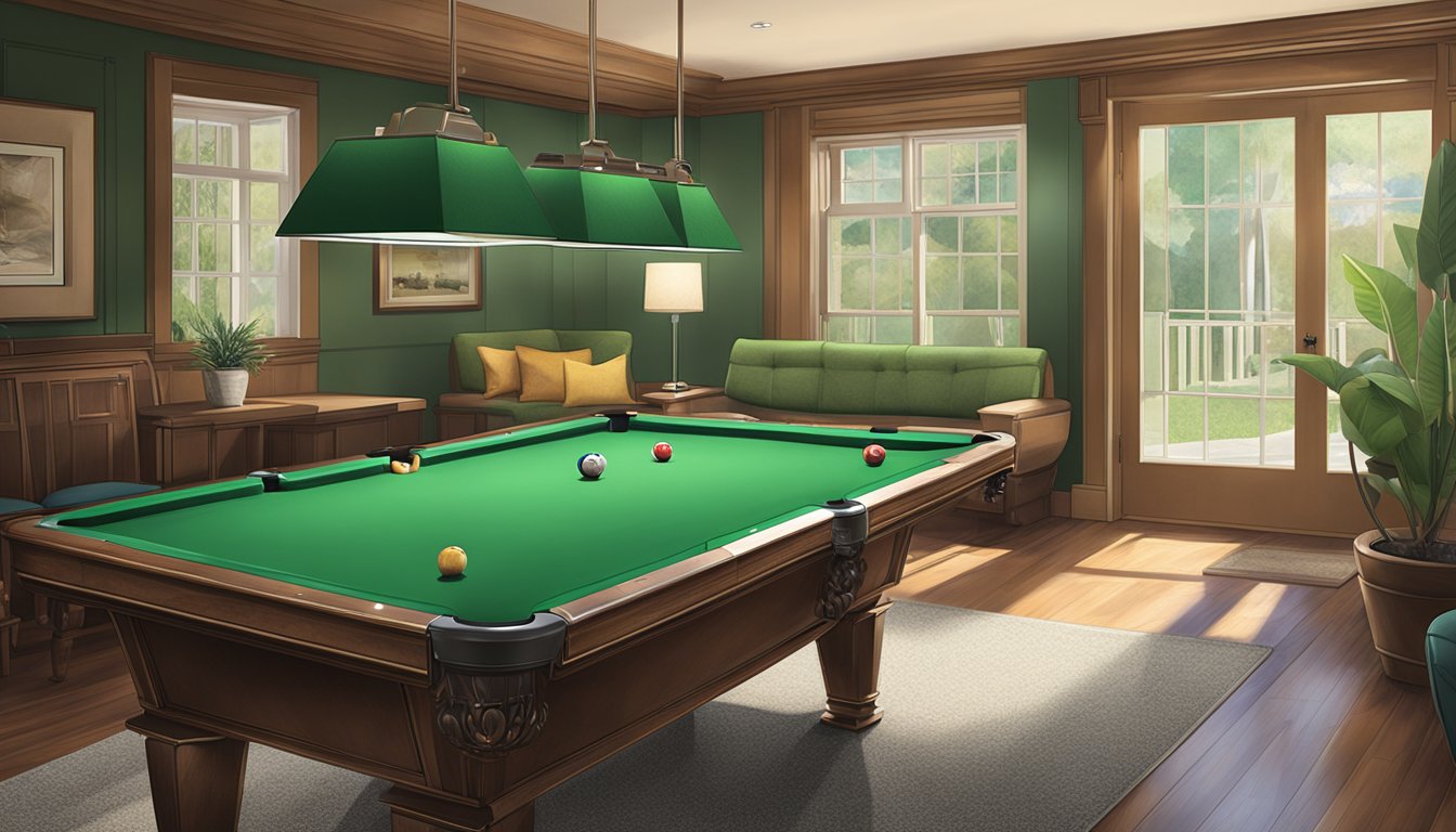 A pool table sits in a well-lit room, surrounded by comfortable seating and a rack of pool cues. The table is covered in green felt and has pockets at each corner
