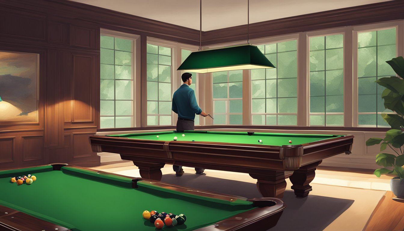A man carefully inspects a sleek, mahogany pool table in a dimly lit showroom. The table's green felt surface is smooth and unblemished, and the polished wooden frame gleams under the soft overhead lights