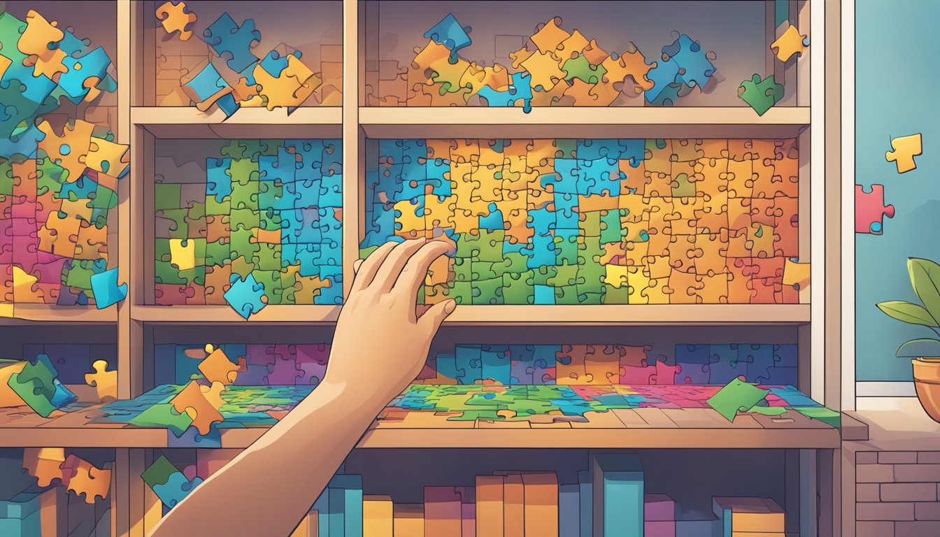 A hand reaches for a colorful puzzle in a well-lit room with shelves of various puzzles in the background