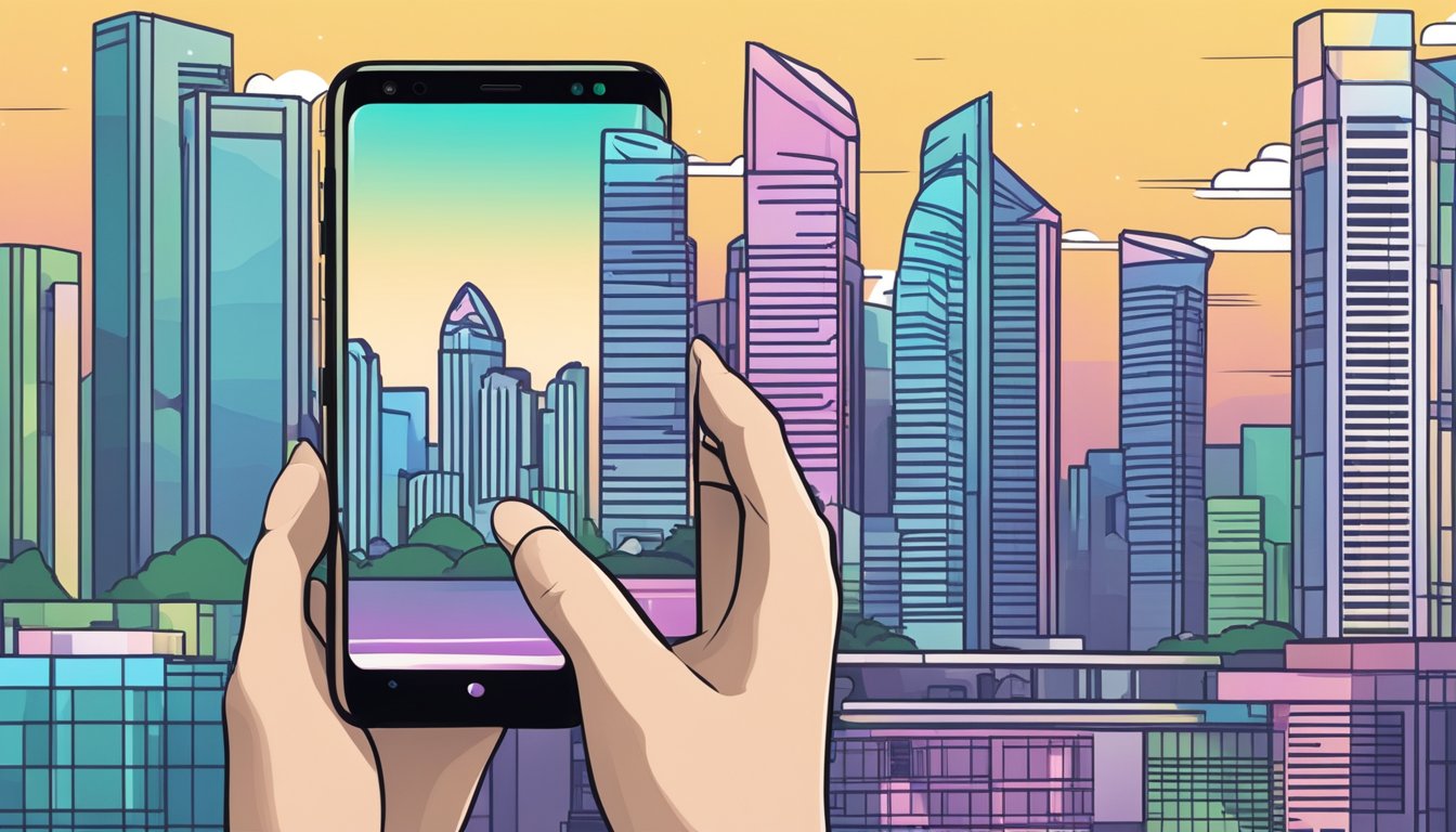 A hand holding a Samsung Galaxy S10 with the Singapore skyline in the background
