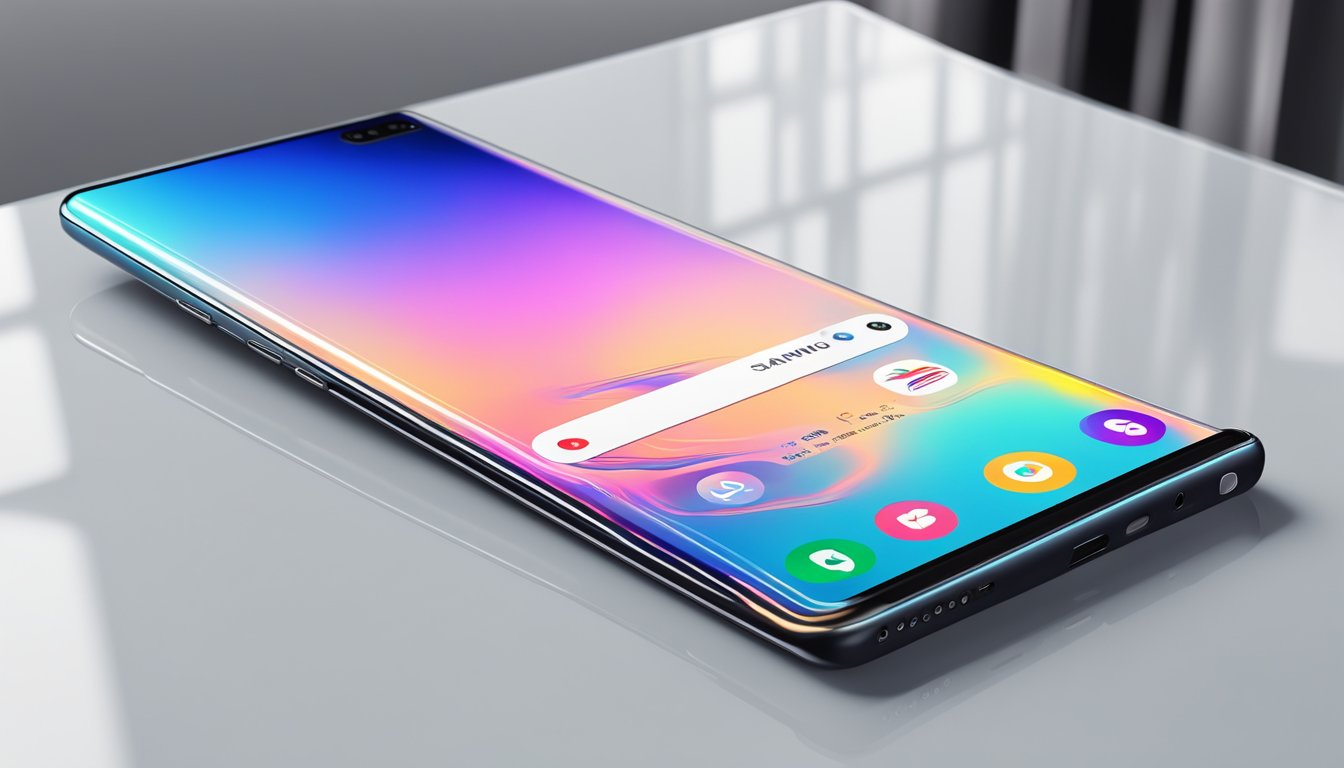 A sleek Samsung Galaxy S10 rests on a reflective surface, surrounded by soft lighting and modern decor