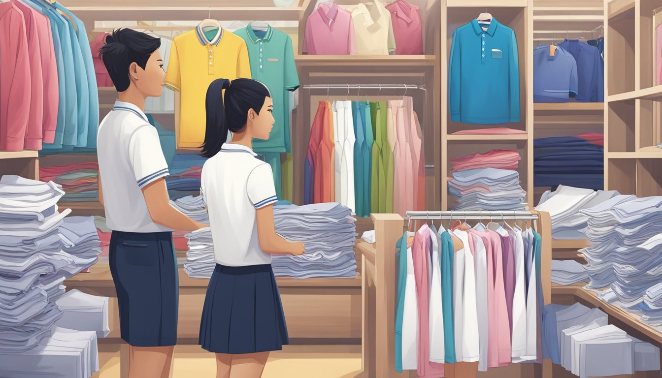 Students in Singapore browse racks of neatly folded school uniforms, comparing styles and sizes. Brightly colored polo shirts, crisp white shorts, and neatly pressed skirts are on display