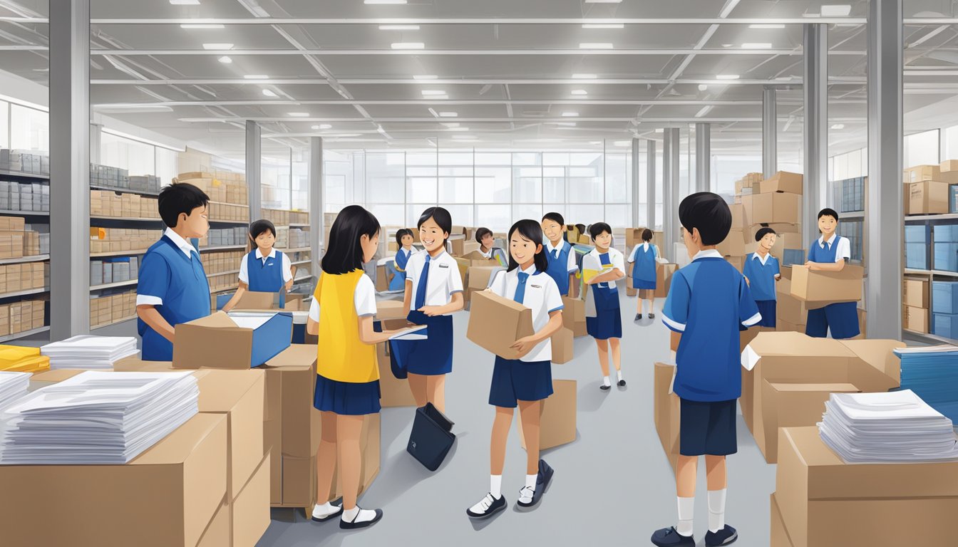 A busy logistics center ships school uniforms while customer service assists parents in Singapore