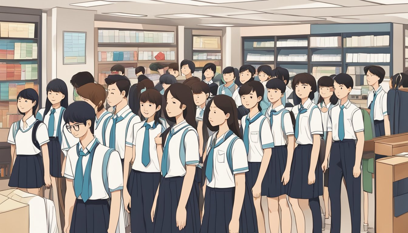 A group of students in school uniforms lining up at a uniform shop in Singapore, asking questions to the staff