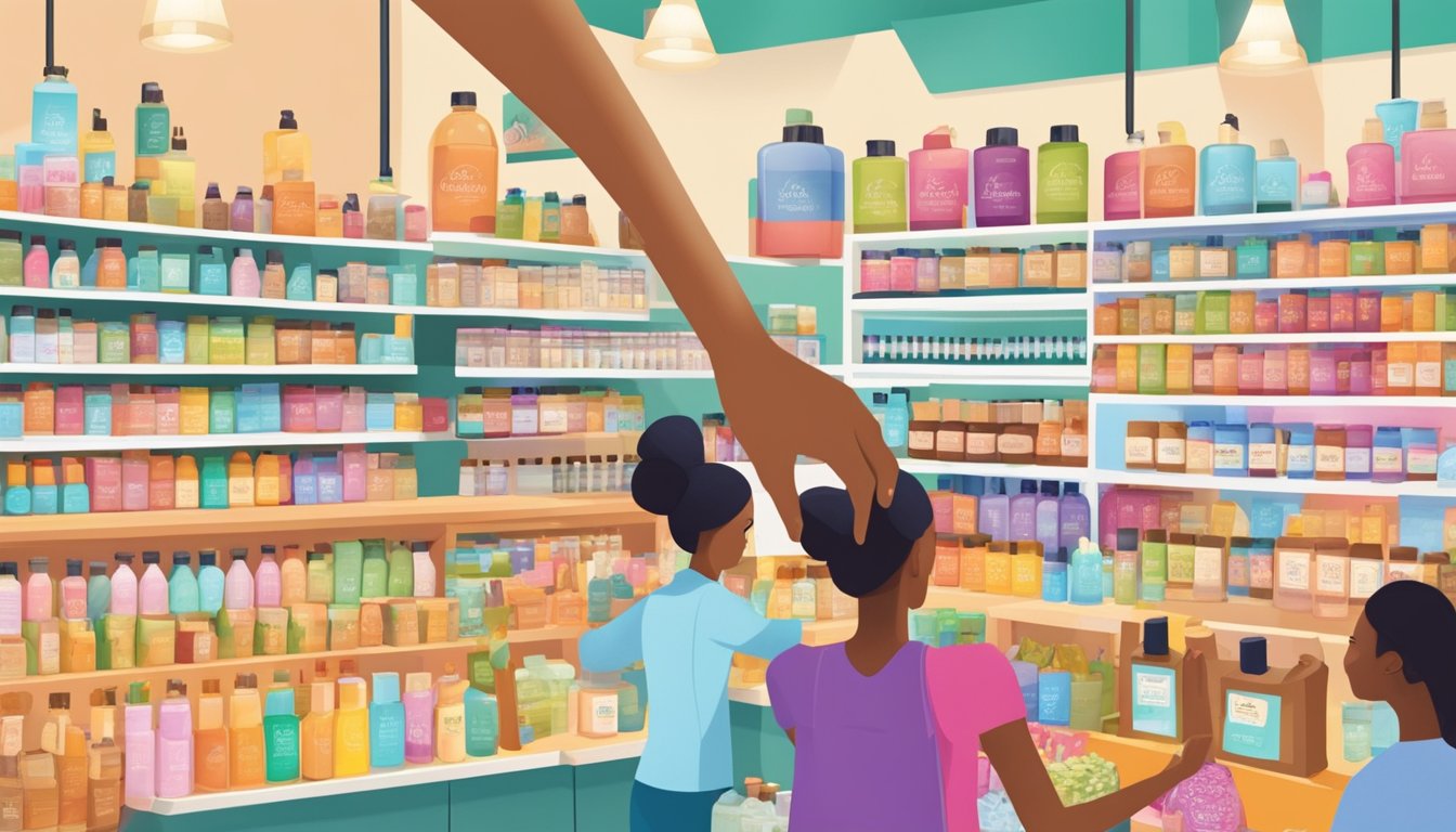 A hand reaches for a bottle of Shea Moisture in a vibrant Singaporean marketplace. Bright colors and bustling activity surround the product display