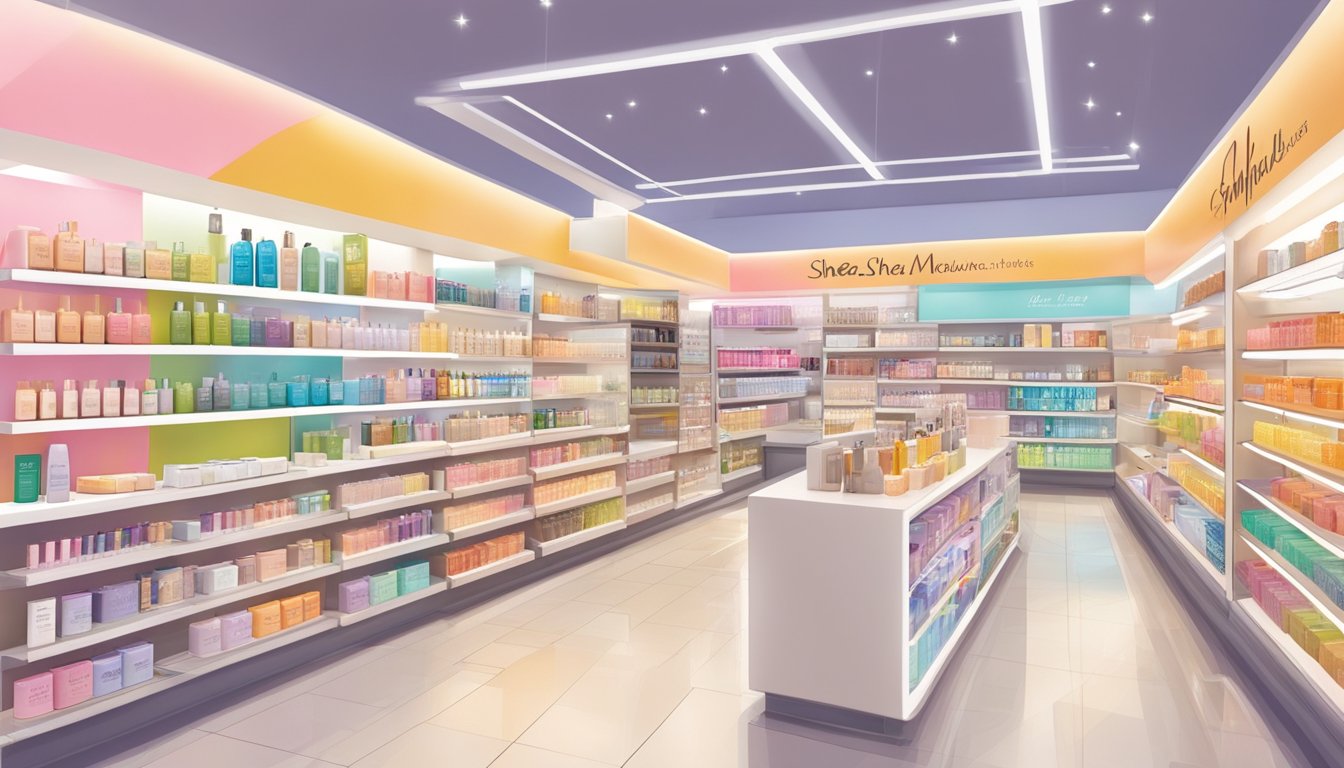 A colorful display of Shea Moisture products on shelves in a modern Singaporean beauty store. Bright lights illuminate the various hair and skincare items, enticing customers to make a purchase