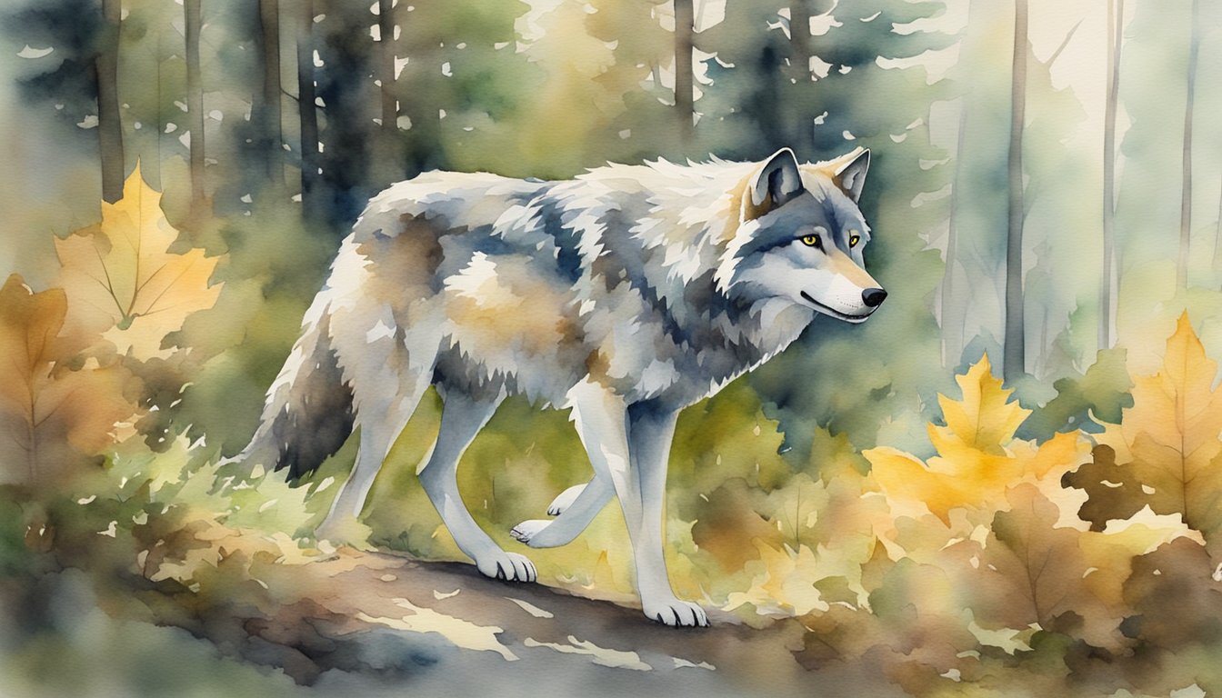 The wolf spirit roams through a serene forest, its powerful presence felt in the rustling of leaves and the howling of the wind
