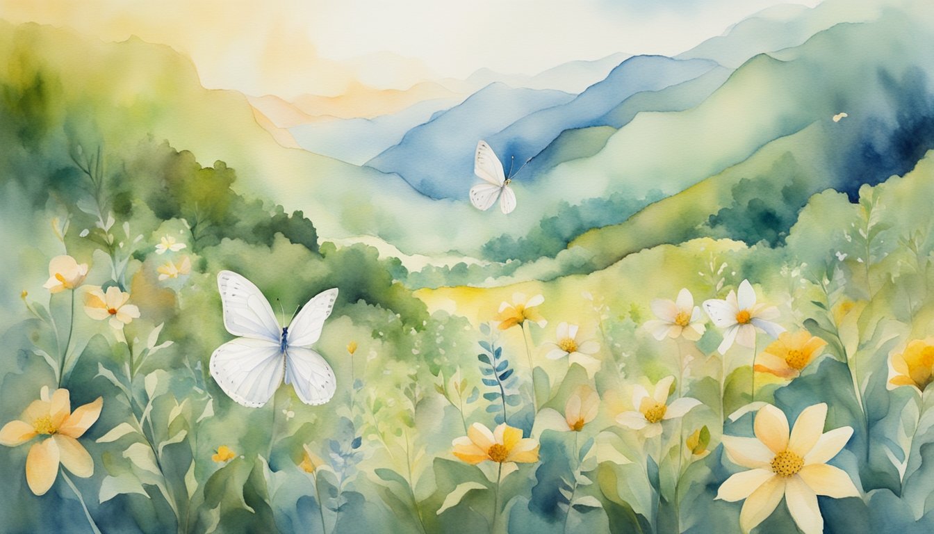 A white butterfly flutters above a diverse landscape, symbolizing peace and spirituality in various cultures worldwide