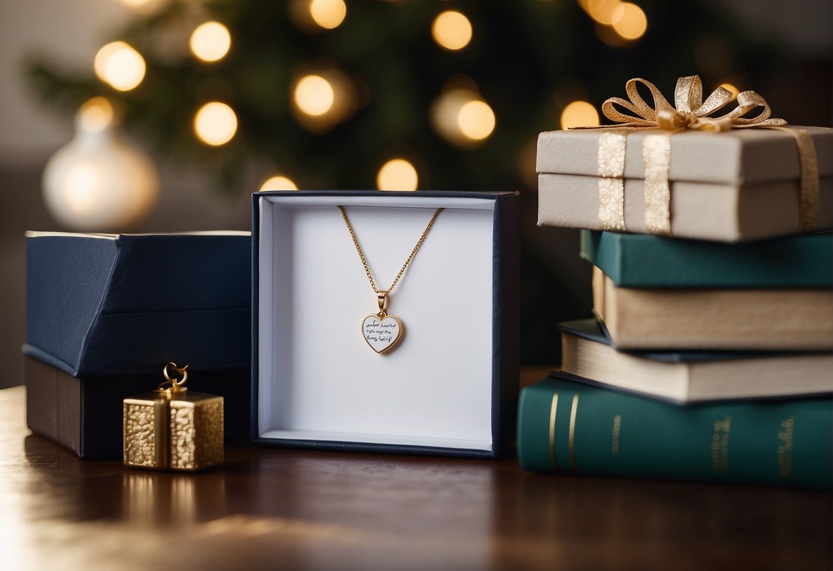 A single mom receiving a personalized necklace and a handwritten note, surrounded by thoughtful gift options like books, candles, and self-care items