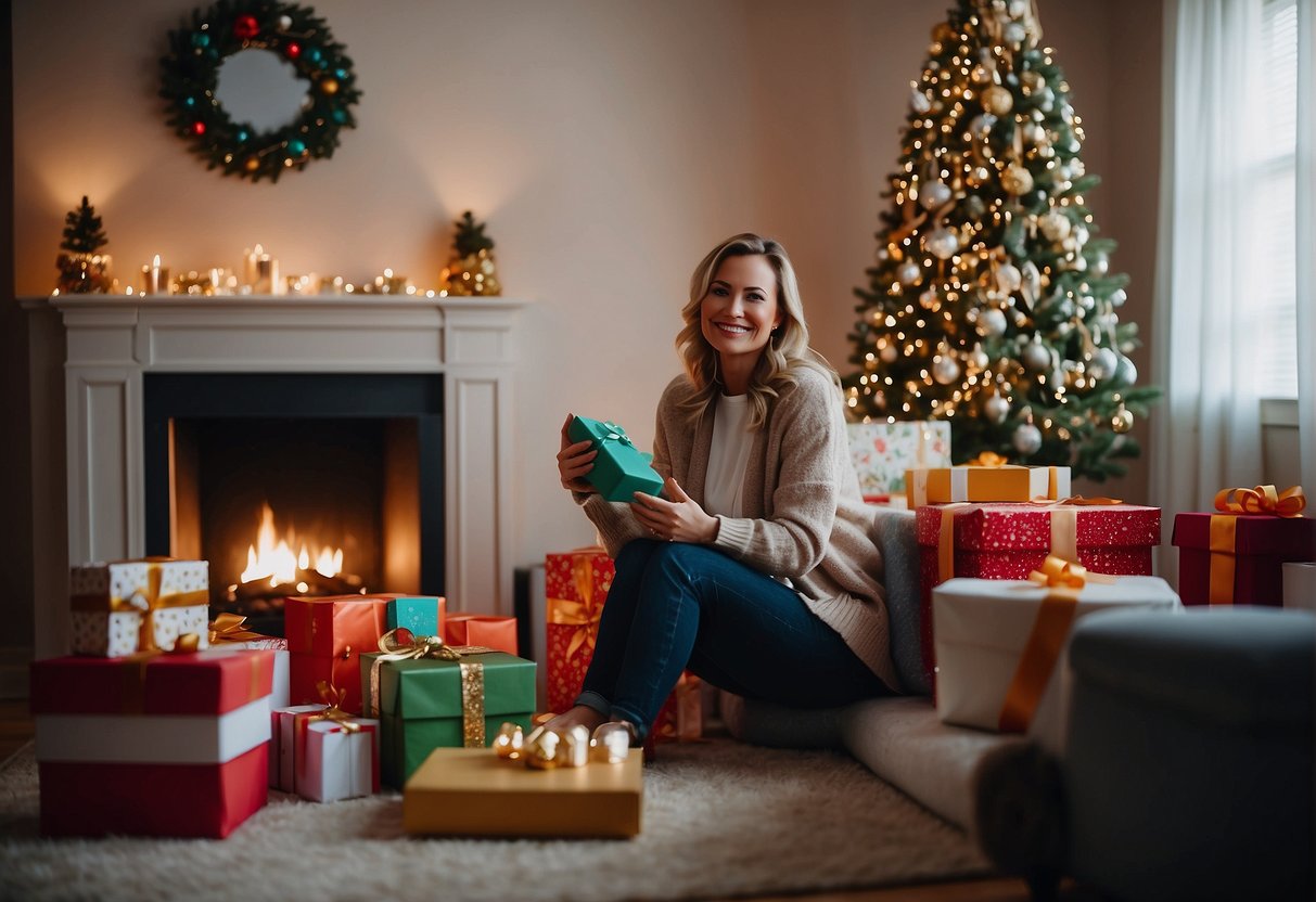 A cozy living room with a fireplace, surrounded by colorful gift boxes and festive decorations. A single mom smiles as she opens thoughtful presents from loved ones