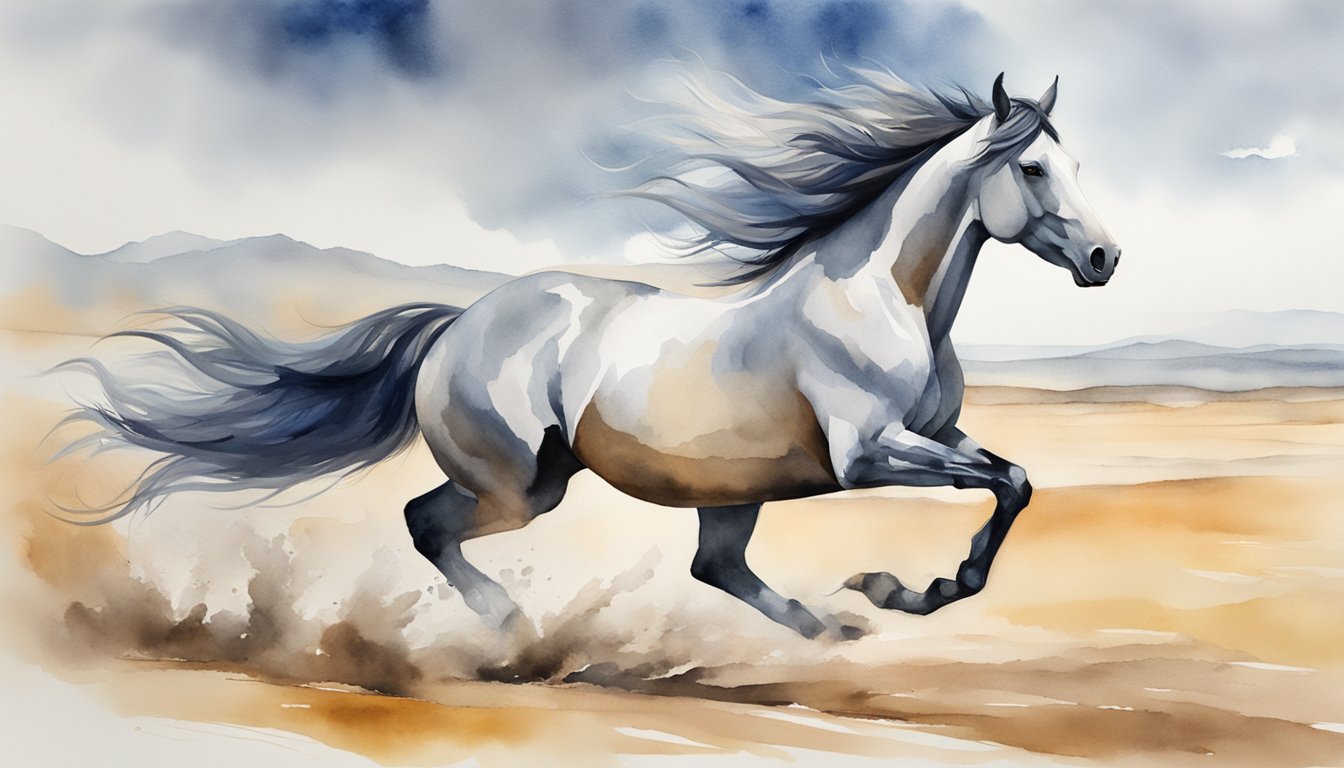 A powerful horse gallops freely across a vast open plain, its mane flowing in the wind, exuding strength, grace, and freedom