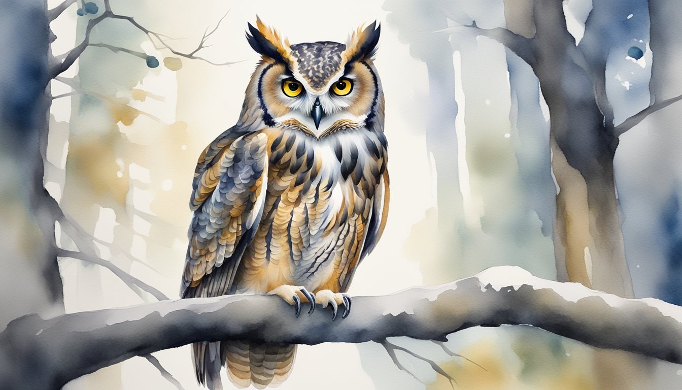 A majestic owl perched on a tree branch, its piercing eyes locked onto the viewer with a sense of wisdom and mystery