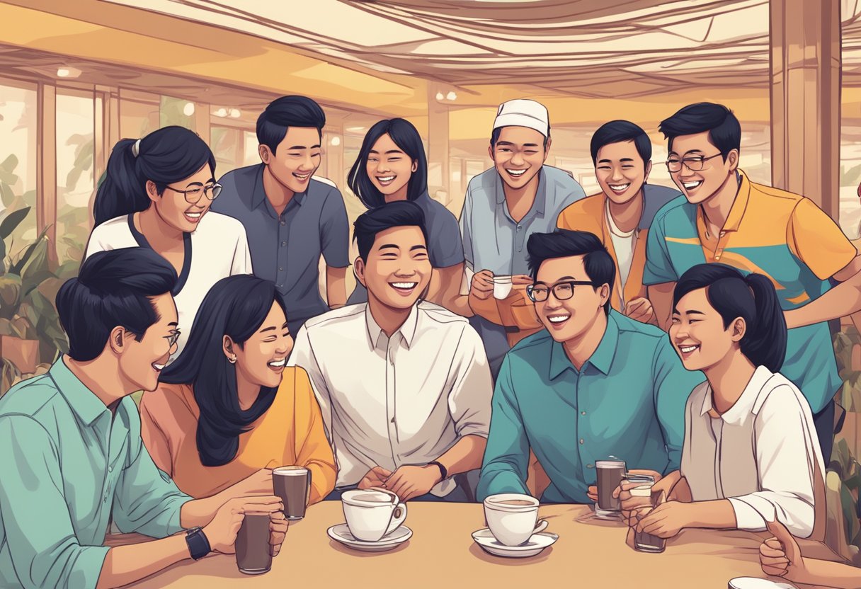 A group of Malays exchanging flirty lines with English translations, smiling and laughing in a lively setting